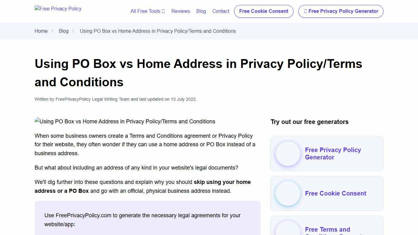 Using PO Box vs Home Address in Privacy Policy/Terms and Conditions - Free Privacy Policy